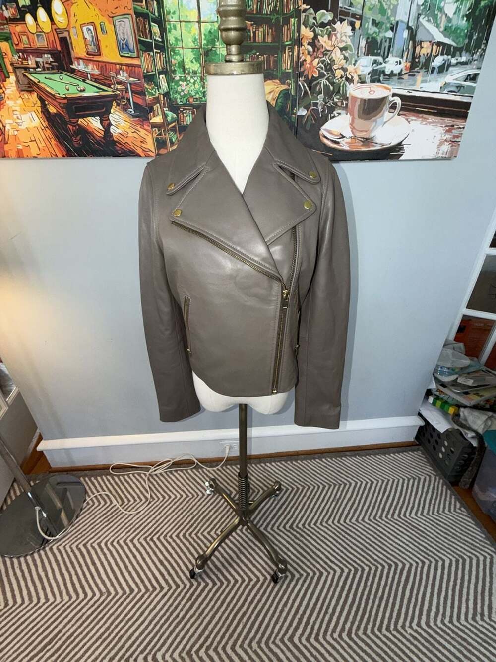 J.Crew Collection Taupe Gray Leather Moto Biker Jacket size 8